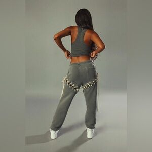 Samaria Leah Aspen Distressed Lace-Up Jogger Pants Charcoal Gray Size S